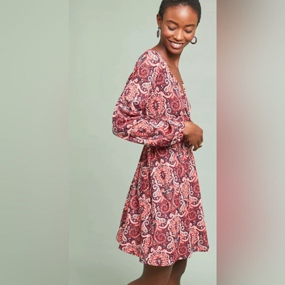 Anthropologie Dresses & Skirts - Anthropologie Maeve Pink Floral long sleeve Belted stretch knit dress size L